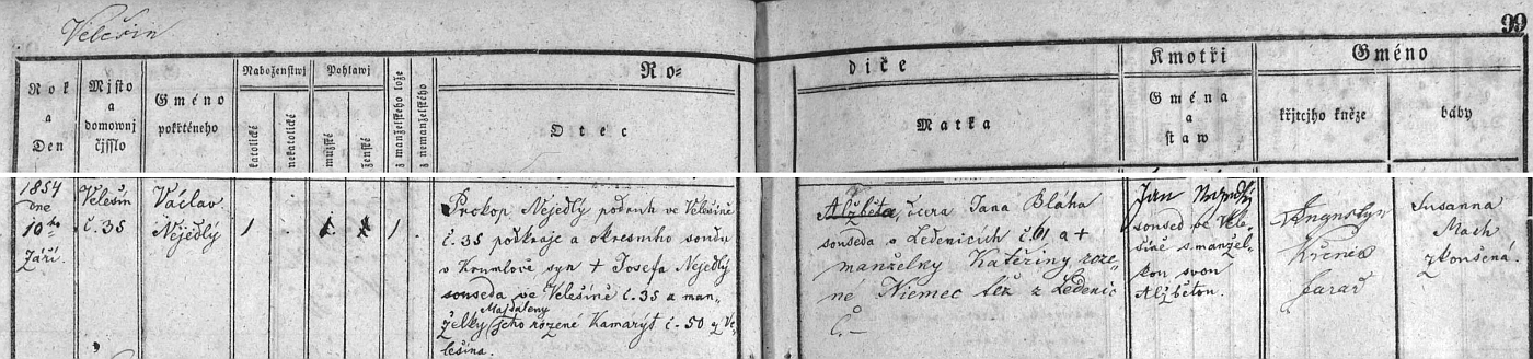 Narodil se ve Velešíně čp. 35 (ne tedy 53, jak uvádí text v časopise Waldheimat) 10. září roku 1854 podruhovi Prokopu Nejedlému (jeho otec Josef, "soused" ve Velešíně čp. 35, měl manželku Majdalenu, roz. Kamarýtovou z čp. 50 rovněž zde) a jeho ženě (křestní jméno Alžběta je v matrice přeškrtnuto) roz. Bláhové, dceři Jana Bláhy, "souseda" v Ledenicích čp. 61 a Kateřiny, "rozené Niemec", též z Ledenic