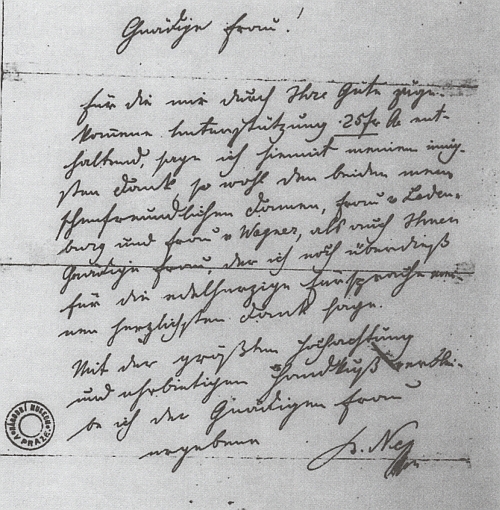 Německy psaný děkovný dopis ze srpna roku 1854, tedy měsíc poté, co dokončila Babičku a kdy rodina v manželově nepřítomnosti trpěla i hlady