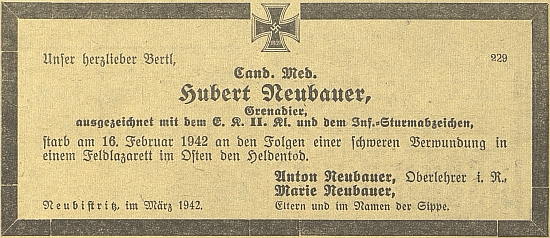 Jeho syn Hubert, "kandidát medicíny", zemřel v únoru 1942 v polním lazaretu na východní frontě následkem těžkého zranění