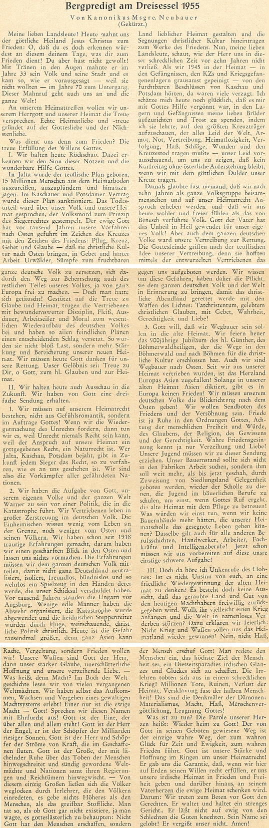 Zkrácený záznam jeho kázání na hoře Třístoličník v roce 1955