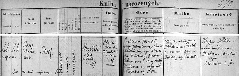 Český záznam v českobudějovické matrice o jeho narození továrnímu dělníkovi Tomáši Neubauerovi
a jeho ženě Terezii, roz. Lieblové, v Hrnčířské ulici čp. 49 v Českých Budějovicích