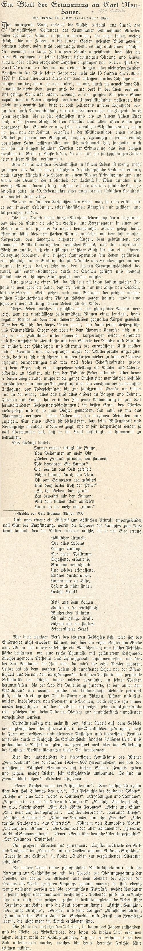 Celý text "ředitele Dr. Viktora Belohoubka z Vídně" o něm v jubilejním sborníku českokrumlovského gymnázia