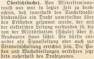 Krajanský měsíčník uvádí v dubnu roku 1954 zprávu o tom, že z bavorské obce Mitterfirmiansreuth lze pozorovat přes hranici v Horních Světlých Horách natahování drátů nízko nad zemí, připojených k elektrickému vedení od bývalé školy, sloužící dnes vojákům, přes Neubauerových stavení