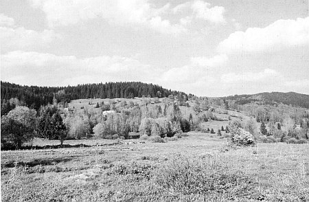 Ženiny rodné Dolní Světlé Hory při svahu Geißbergu s vrcholem
už na bavorské straně zachytil snímek z roku 1927, kde je při hranici
s bavorskou už usedlostí vepředu dopsána později zkratka ČSSR,
a ten novější z roku 2004