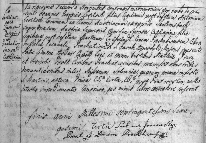 Záznam prachatické oodací matriky o svatbě jeho prarodičů z matčiny strany 22. listopadu roku 1763