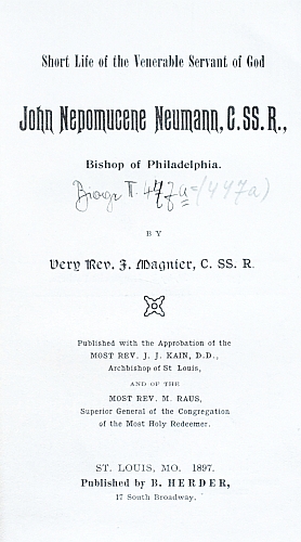 Frontispis a titulní list jeho životopisu, vydaného v St. Louis roku 1897