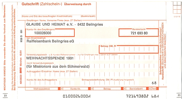 Peněžní poukázka vložená v Glaube und Heimat a určená pro "vánoční dar 1991"
ve prospěch "misionářů ze Šumavy"