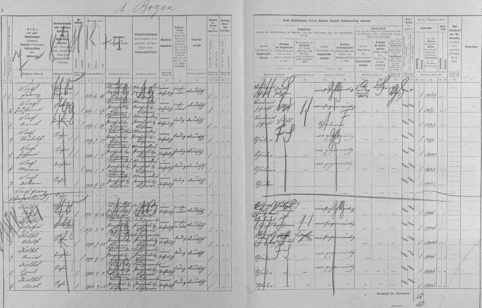 Arch sčítání lidu z roku 1910 pro stavení čp. 6 v Kaplici u Zátoně s rodinou Nieglovou