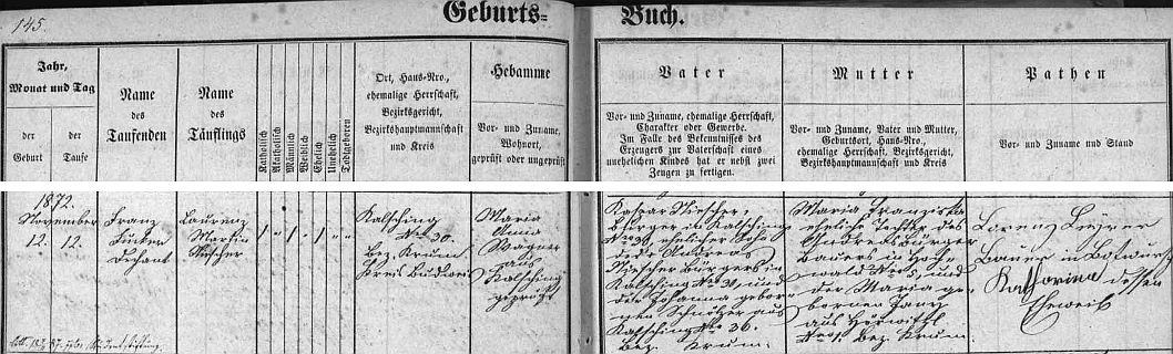 Záznam v chvalšinské matrice o jeho narození a křtu ještě téhož dne jmény Laurenz a Martin - v domě čp. 30 byl otcem novorozencovým Kaspar Niescher (i děd Andreas byl v tom domě usedlý), matkou Maria Franziska, roz. Bürgerová, rodem z Havaldy (Hochwald), babička z matčiny strany byla z Hořiček
