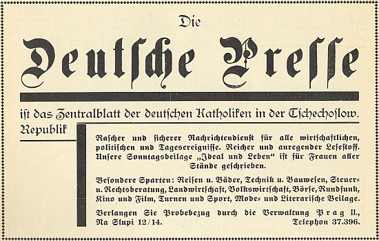 Inzerát listu "Deutsche Presse" ve slavnostním sborníku k 50. výročí Böhmerwaldbundu