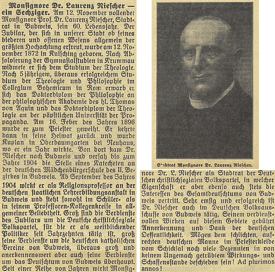 O tom, jak velké vážnosti se zejména u německy mluvící veřejnosti těšil, svědčí článek k jeho šedesátinám na stránkách budějovického německého tisku