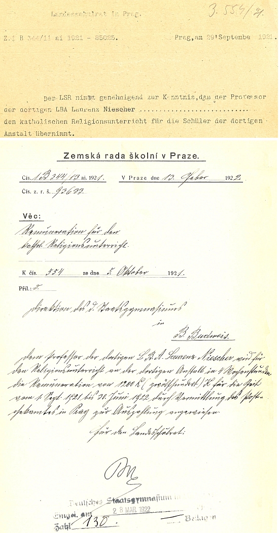 Tyto dokumenty dokládají, že učil náboženství ve školním roce 1921/22 i na českobudějovickém německém gymnáziu - za úvazek 4 hodiny týdně dostal celkem 1200 korun