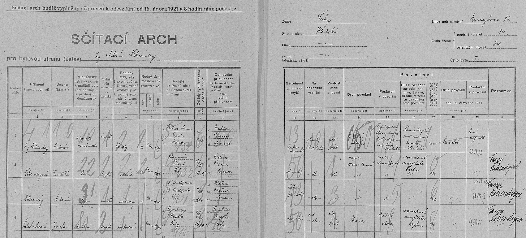 Sčítací list Nikendeyovy rodiny, tehdy v Hluboké nad Vltavou, z roku 1921