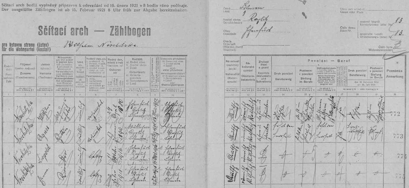 Arch sčítání lidu z roku 1921 pro vyšebrodský dům čp. 83 se zde žijící rodinou Wilhelma Noschitzky, jeho ženy Agnes a dvou synů Leopolda a Franze