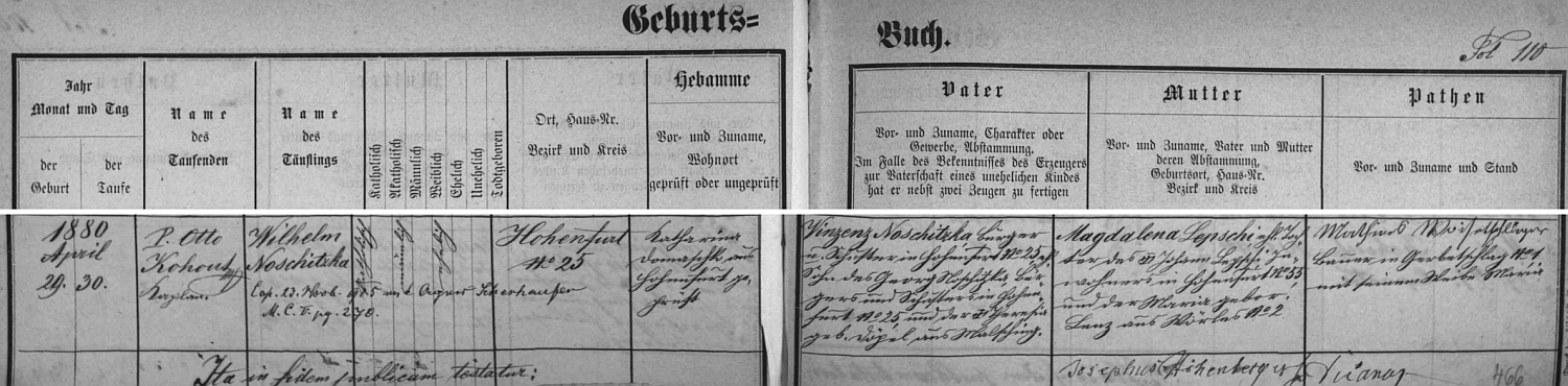 Záznam vyšebrodské křestní matriky o narození otcově dne 29. dubna roku 1880 a křtu den nato, který provedl kaplan Otto Kohout: novorozencův otec Vinzenz Noschitzka provozoval stejně jako jeho otec Georg Noschitka v synově rodném domě čp. 25 krejčovské řemeslo, babička z otcovy strany Theresia byla roz. Döpelová z Malšína (Malsching), chlapcova matka Magdalena byla dcerou Johanna Lepschiho z Vyššího Brodu čp. 55 a jeho ženy Marie, roz. Lenzové z Ostrova (Wörles) čp. 2, pozdější přípis nás pak zpravuje o svatbě Wilhelma Noschitzky dne 23. listopadu roku 1915 s Agnes Scherhauferovou