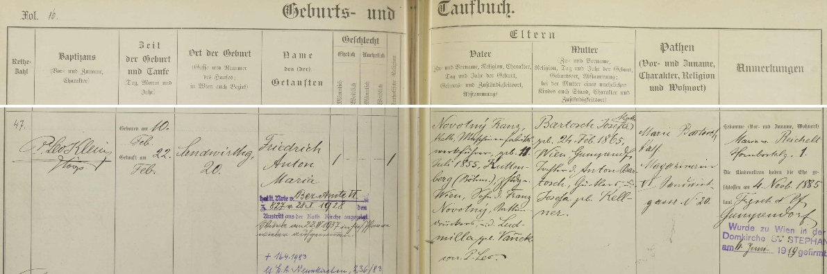 Záznam o jeho narození v křestní matrice vídeňské farnosti Gumpendorf s přípisem o úmrtí