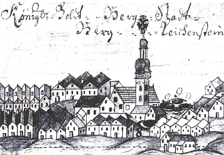 Veduta města Kašperské Hory na hornické mapě z roku 1762 s habsburským dvojhlavým orlem na špici kostela sv. Markéty