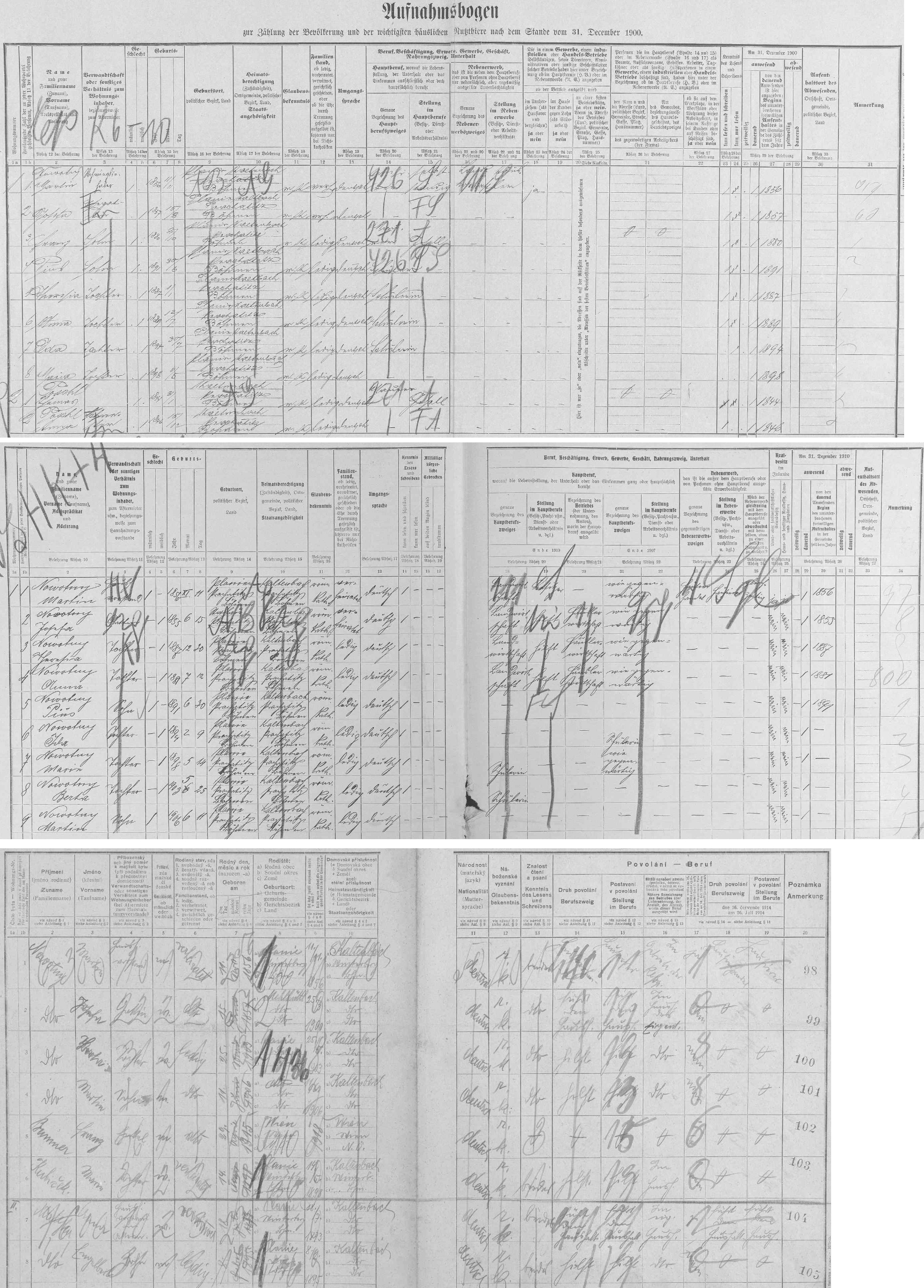 Jak se měnilo složení obyvatel stavení čp. 67 na Pláních podle popisných archů sčítání lidu z let 1900, 1910 a 1921 - na nejstarším není ještě Brunův otec Martin Nowotny mladší, narozený 11. ledna roku 1906