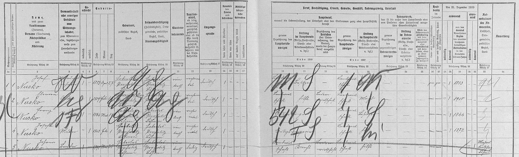 Arch sčítání lidu z roku 1910 pro stavení čp. 1 v Ovesné - Nuskův mlýn