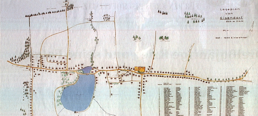 Plánek obce Železná, která měla v roce 1939 1600 obyvatel