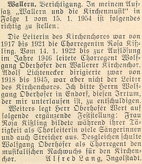 Tisková oprava v březnovém čísle krajanského měsíčníku z roku 1954 se týká jeho podílu na práci chrámového sboru ve Volarech v letech 1922-1946