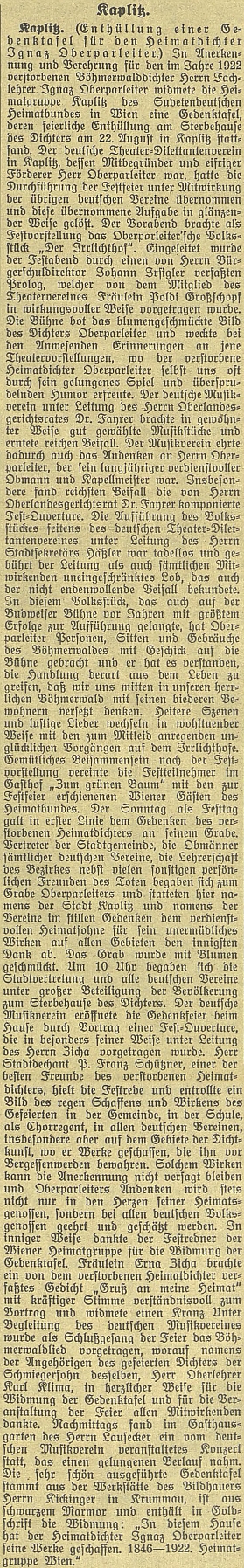 ... a ještě jedna rozsáhlejší zpráva - akt se konal téhož dne jako odhalení pamětní desky Josefu Ganglovi v Německém Benešově, tj. v neděli 22. srpna roku 1926