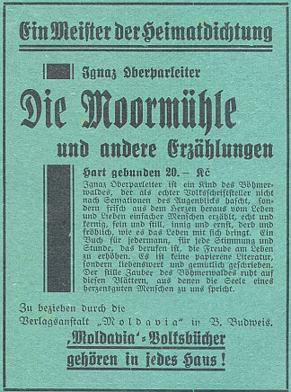 Inzerát (1932) na posmrtný výbor z jeho povídek z obálky českobudějovického časopisu Waldheimat