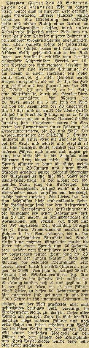 Zpráva v českobudějovických německých novinách o oslavách Hitlerových narozenin v Horní Plané