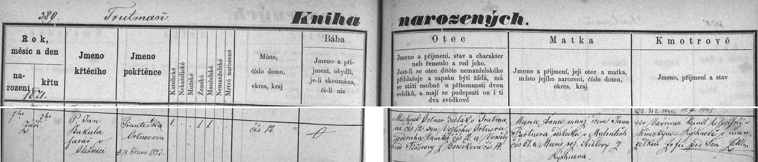 Záznam křestní matriky farní obce Trhové Sviny o narození Františka či Františky, dědova sourozence, který ovšem skonal už ve dvou letech