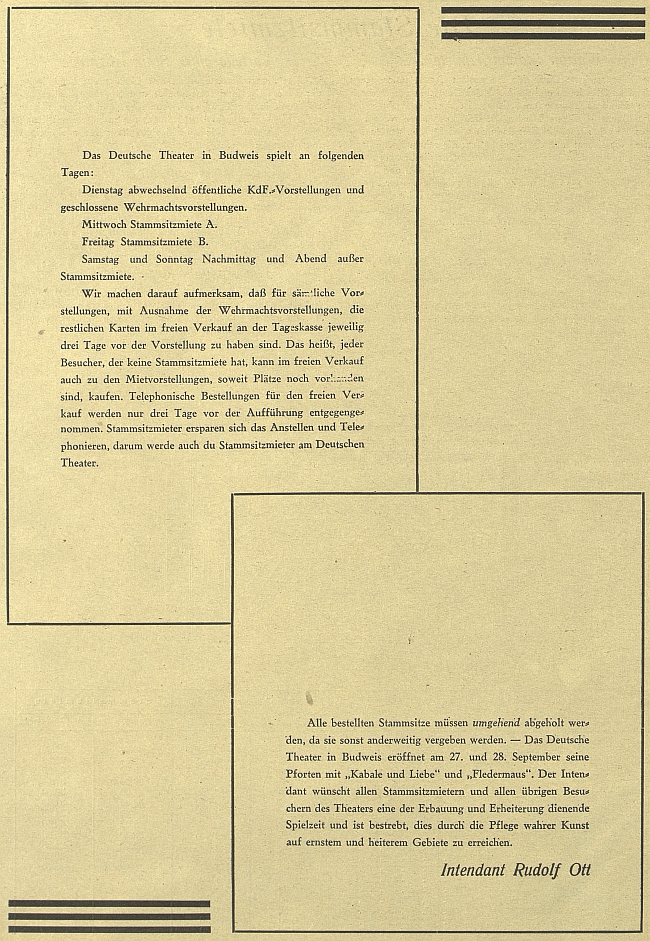 Celostránková pozvánka intendanta Otta do divadla v českobudějovickém německém tisku z roku 1941