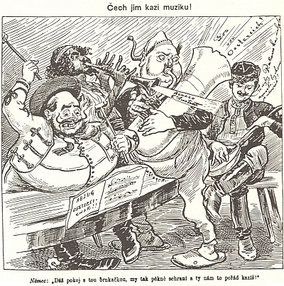 Tři karikatury (1889, 1898 a 1904) z mladočeského "satiricko-politického" časopisu Šípy, vydávaného nákladem Eduarda Grégra, mají dokládat,
 že mocnářství vlastně stojí na Češích, ostatní (samozřejmě zejména Němci, Maďaři a Židé) je jen zrazují a tyjí z něho