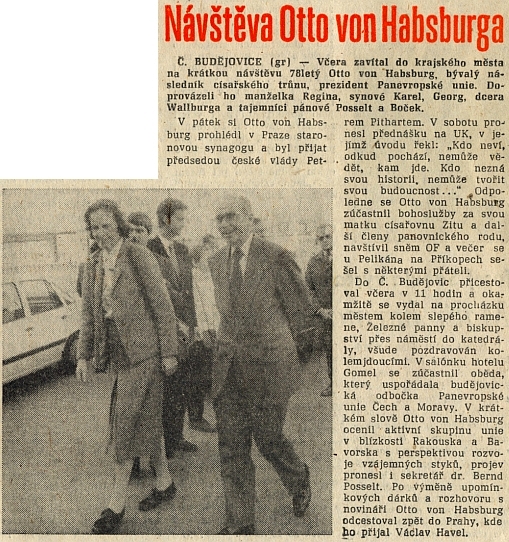 Svědectví o návštěvě v Českých Budějovicích dne 18. března 1990 (za manželkou Reginou vyčuhuje hlava Bernda Posselta)