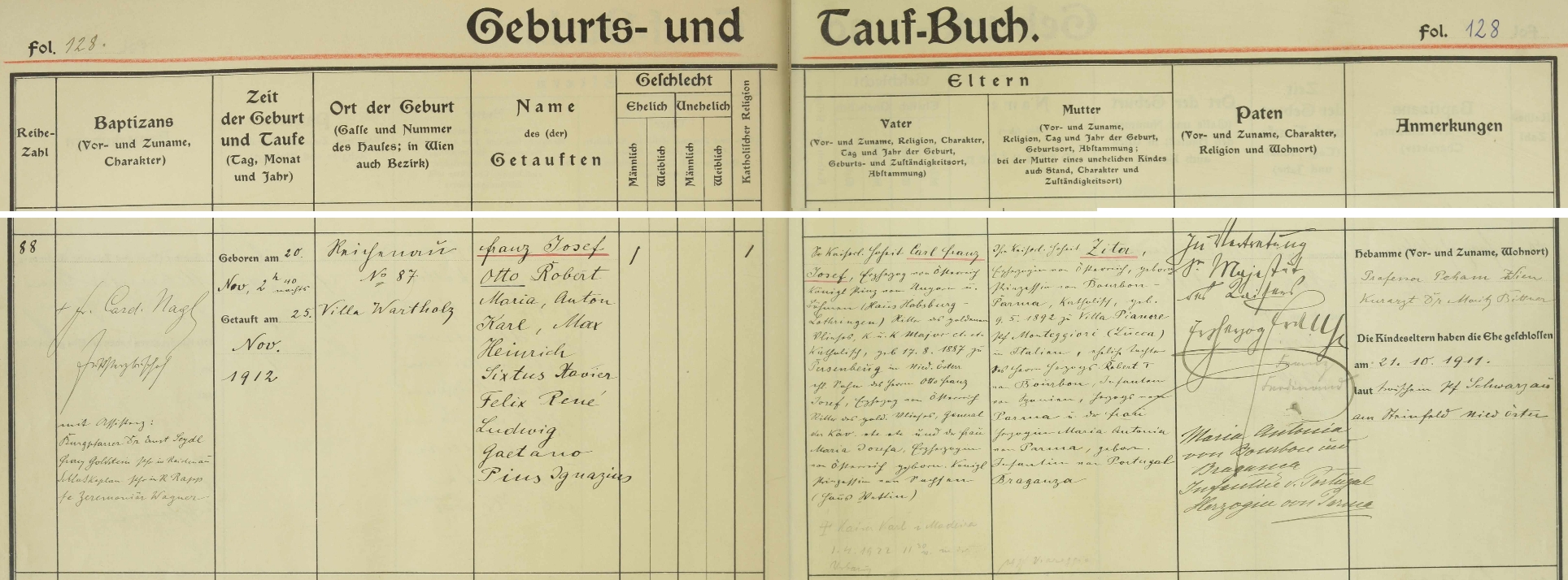 Záznam o jeho narození v křestní matrice farní obce Reichenau an der Rax