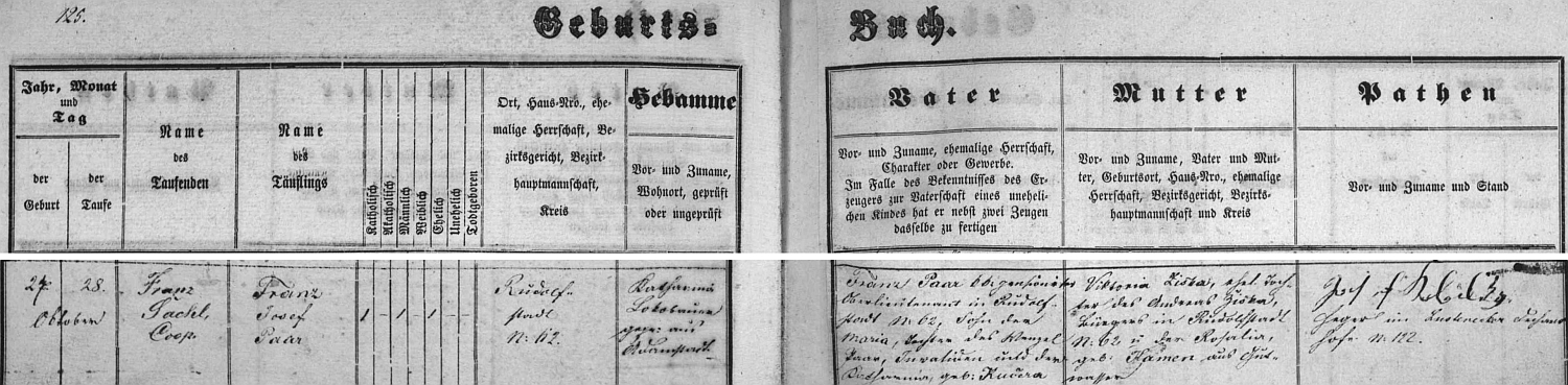 Záznam o jeho narození v rudolfovské křestní matrice c.k. penzionovanému nadporučíkovi Franzi Paarovi, synu Marie, dcery invalidy Wenzela Paara a Kathariny, roz. Kučerové, a jeho ženě Viktorii, dceři rudolfovského měšťana Andrease Žišky a Rosalie, roz. Kamenové, z Dobré Vody u Českých Budějovic