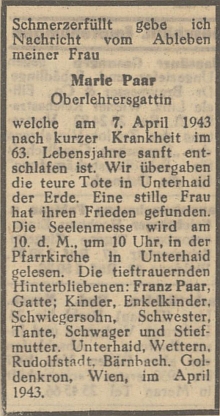 Tady podává zprávu o úmrtí své ženy Marie, zesnulé 7. dubna válečného roku 1943 v Dolním Dvořišti a tam i pochované