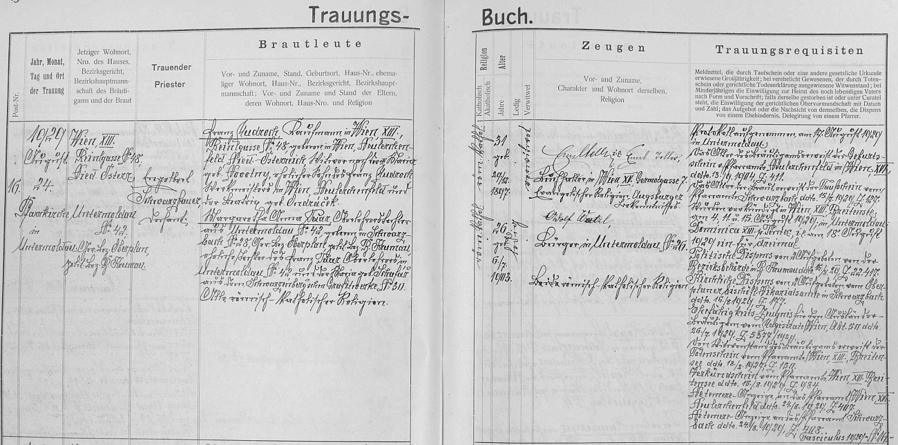 Záznam dolnovltavické knihy oddaných o svatbě dcery Gretl s obchodníkem Mudrochem z Vídně - oddávajícím knězem byl Engelbert Schwarzbauer