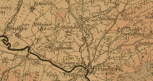 Jeho rodné Hruštice (Wadetstift) na výřezu české a německé mapy z počátku 20. století
(viz i Petrus Dolzer a Matthias Hofbauer)