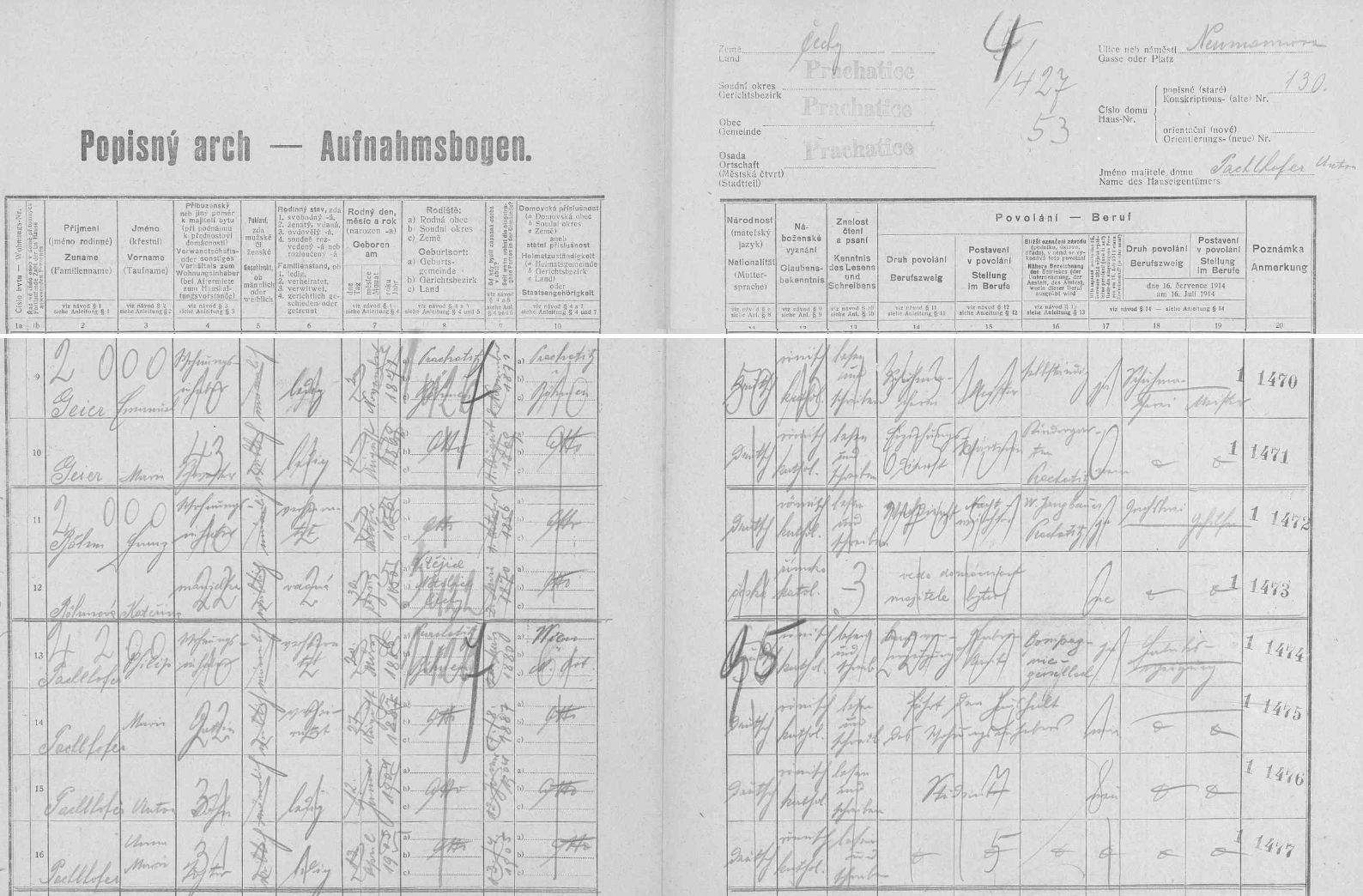 Arch sčítání lidu pro dům čp. 130 v prachatické Neumannově ulici, kde žil mj. i Philip Pachlhofer (takto zde psán, *20. března 1880 v Prachaticích) se svou ženou Marií Ludmilou (*27. srpna 1887 v Prachaticích), s až dodatečně sňatkem s ní legitimizovaným synem Antonem a také s dcerou Annou Marií (*13. dubna 1905 v Prachaticích)