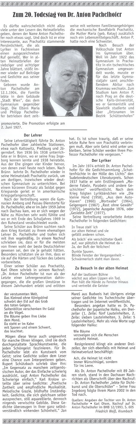 Ke 20. výročí jeho úmrtí vyšel v krajanském měsíčníku tento text Friedricha Weiße, kde se v úvodu zmiňuje i místo, kde rodina Pachelhoferova v budově zvané "Stadt Wien" žila a provozovala továrnu na stuhy; článek upozorňuje i na překlady Pachelhoferových veršů, zveřejněné na stránkách Kohoutího kříže