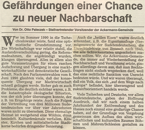 Úvodní článek jednoho z čísel oficiálního orgánu krajanského sdružení v únoru roku 1992 pochází od jeho otce