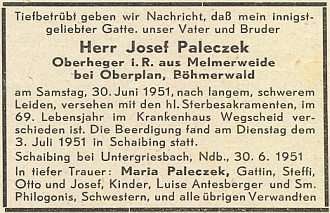 Parte otcova bratrance Josefa, "nadhajného z Melmerweide u Horní Plané", na stránkách krajanského časopisu v létě roku 1951