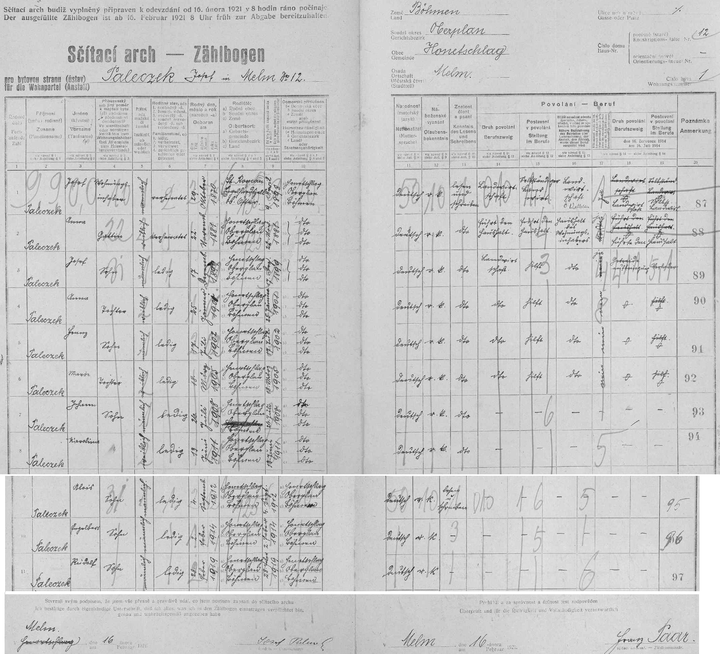 Arch sčítání lidu z roku 1921 pro stavení čp. 12 v Jelmu vedle manželů Josefa Paleczeka (*29. října roku 1870 v hornorakouské obci Sankt Roman) a jeho choti Anny (*22. listopadu 1881 v Hodňově) uvádí i devět jejich dětí: Josefa (*1899), Annu (*1901), Franze (*1902), Marii (*1905), Johanna (*1908), Karolinu (*1911), Aloise (*1912), Engelberta (*1914) a "našeho" Rudolfa (*1919)