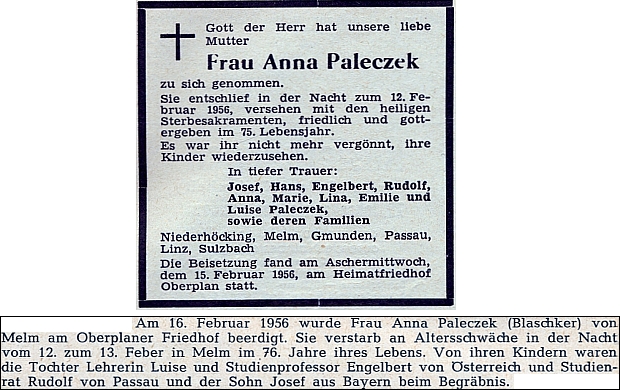 Parte a zpráva o úmrtí jeho matky, zesnulé v Jelmu a pochované v únoru 1956 na hřbitově v Horní Plané, jak je otiskl krajanský časopis