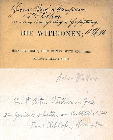 Obálky (1874) další jeho knihy s věnováními Adalbertu Habertovi a Josefu Zahnovi psanými téhož dne, Pangerl zřejmě knihu hned po vydání rozesílal přátelům a kolegům - kniha vpravo měla zajímavé osudy: s přívazkem Pangerlovy knihy o Zlaté Koruně se od archiváře Zahna dostala ve Štýrském Hradci k Antonu Wallnerovi a ten ji daroval faráři Franzi Kitzhoferovi do Polné na Šumavě (oba jsou na stránkách Kohoutího kříže zastoupeni samostatně)