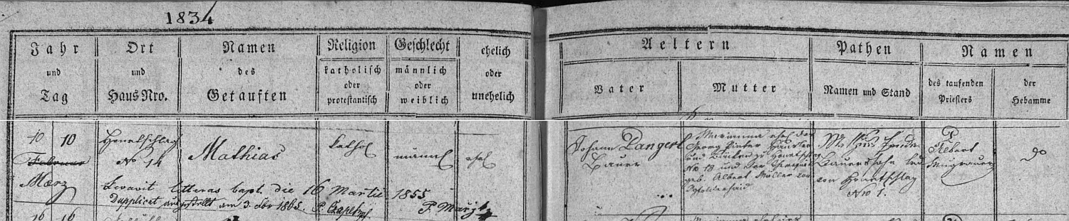 Záznam z hodňovské matriky o jeho narození v domě čp. 14 dne 10. března roku 1834