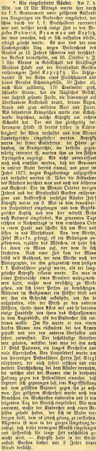 Obsáhlá zpráva českobudějovického německého listu o zadržení lupiče Kopeckého (viz i Hans Kastl)