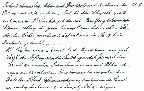 Strana z jeho rukopisu se záznamem z 31. května 1945 o Božím Těle a návratu opata Tecelina Jaksche