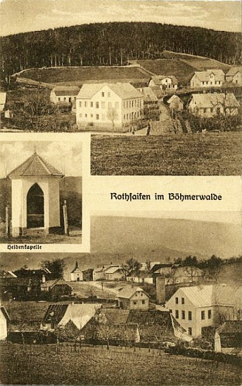 Na složené pohlednici Červené dominuje škola oběma záběrům obce