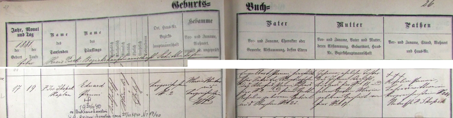 Záznam kašperskohorské křestní matriky o jeho narození