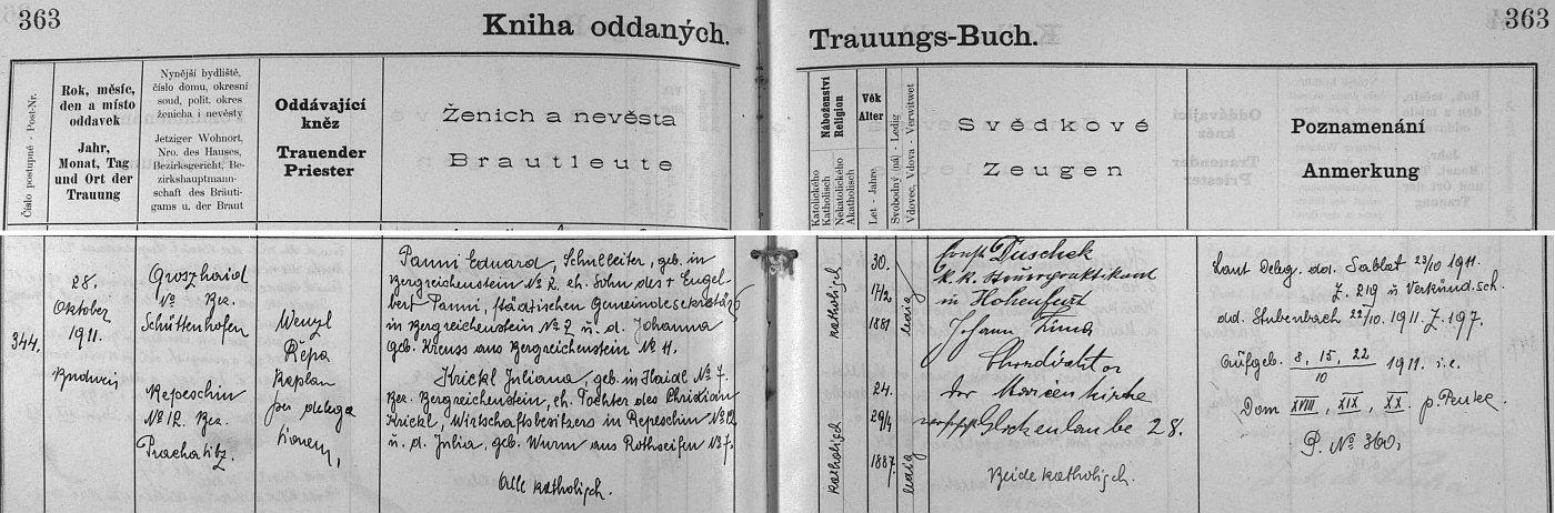 Záznam o svatbě v českobudějovické oddací matrice